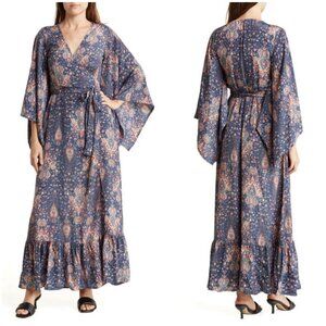 💕RAGA💕 Poseidon Maxi Wrap Dress ~ Navy Blue Multi-Color Paisley Print S NWT